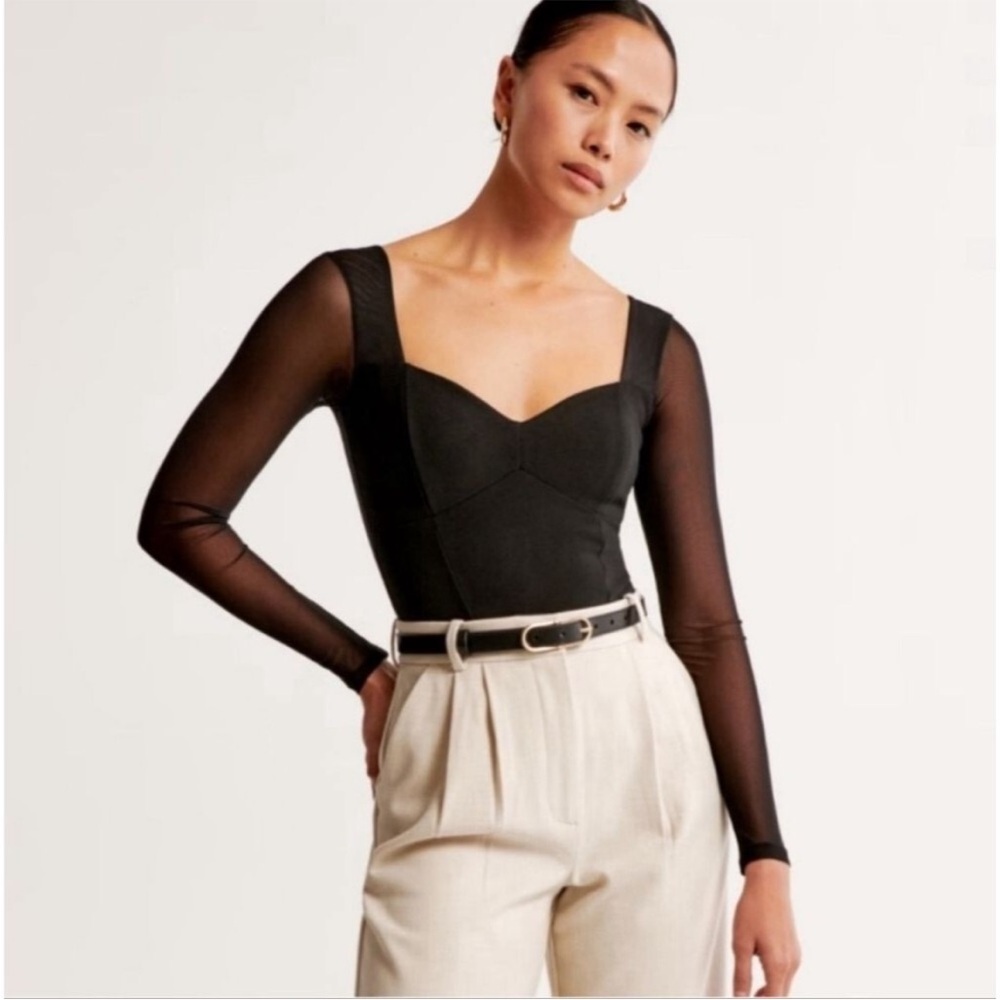 Abercrombie & Fitch Black Crepe Corset Bodysuit with Sheer Sleeves